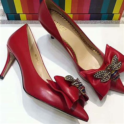 gucci leather mid heel pump with bow|Gucci ankle strap heels.